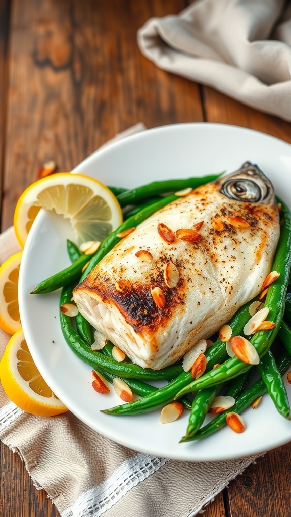 Pan-seared sea bass fillet on a plate with green beans almondine, garnished with lemon slices and toasted almonds.